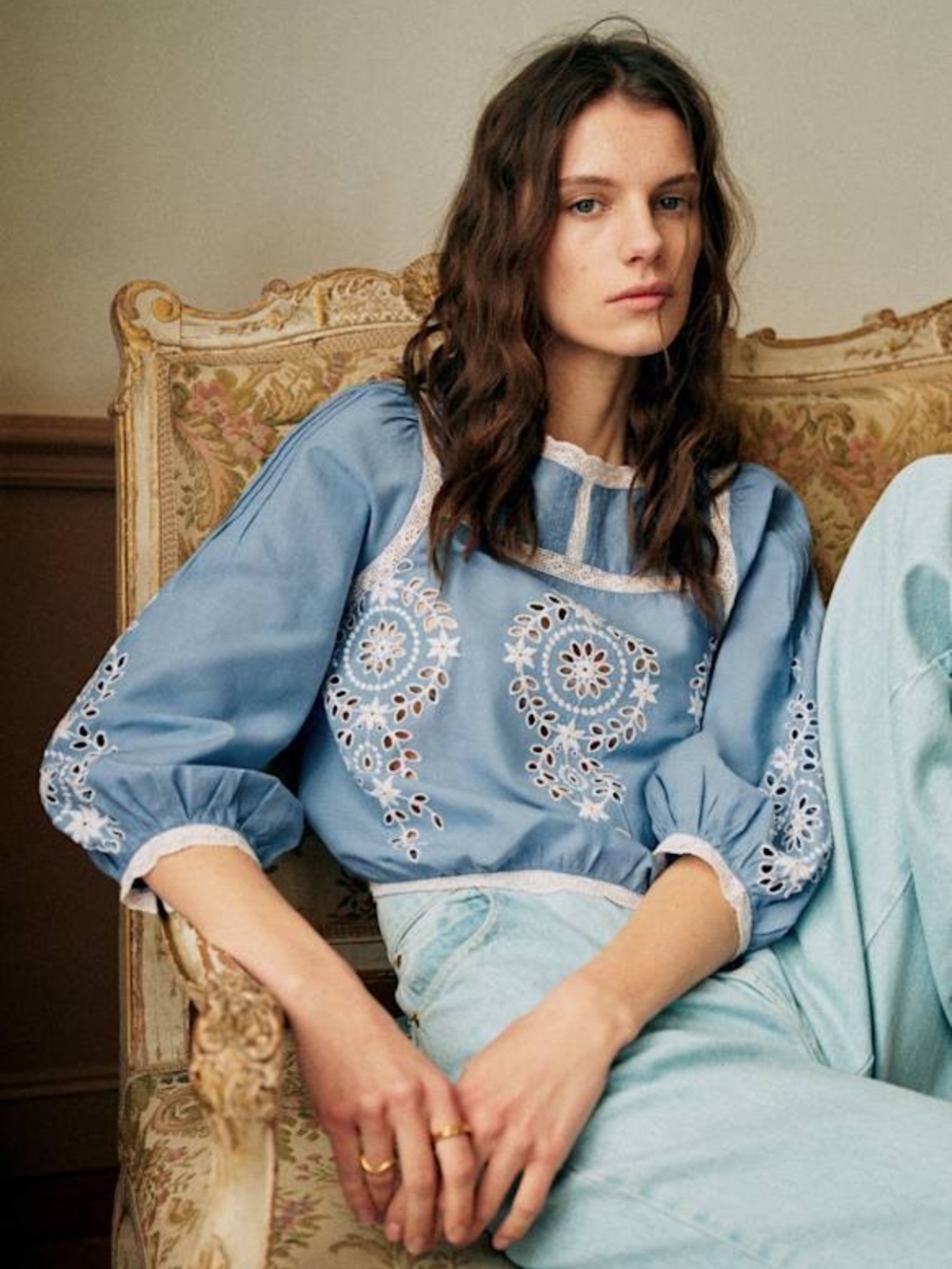 Sezane Enea Blue Embroidered Peasant Blouse 36 NWT